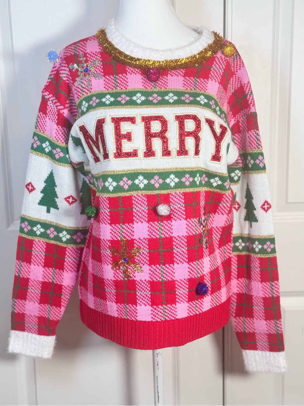 Ugly Christmas Sweater S Pink Plaid Sequin Pom Pom Tinsel Merry Holiday Party